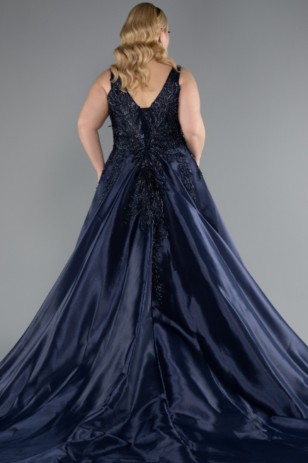 Lacivert Üstü Taşlı Uzun Büyük Beden Nişan Elbisesi ABU4557