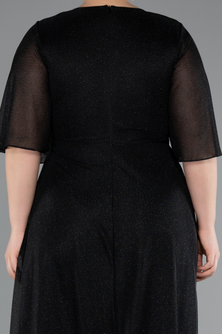 Siyah Kısa Kol Uzun Simli Büyük Beden Abiye ABU4887