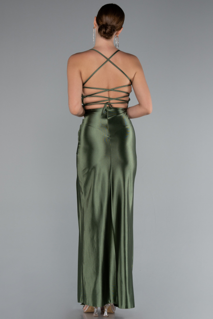 Haki Sırt Dekolteli Yırtmaçlı Uzun Saten Abiye ABU2800