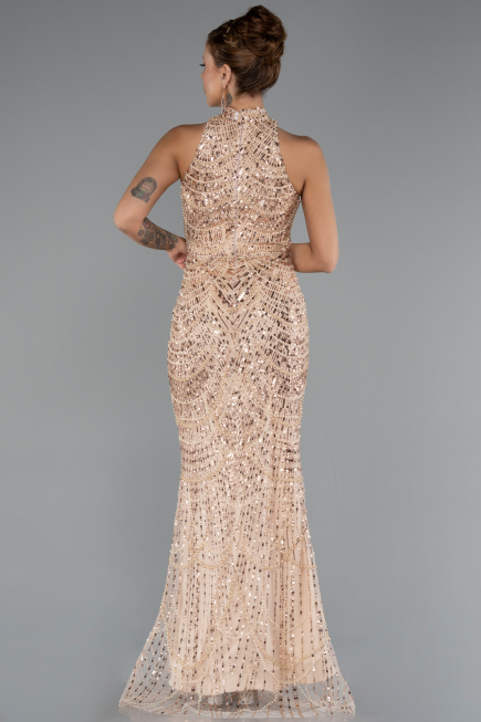 Gold Halter Yaka Boncuklu Uzun Balık Abiye ABU4791