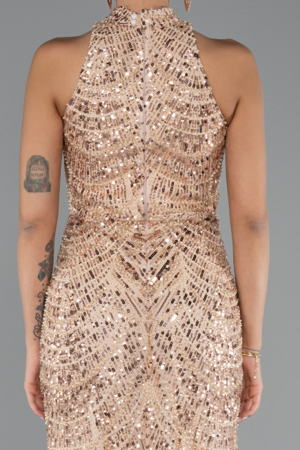 Gold Halter Yaka Boncuklu Uzun Balık Abiye ABU4791