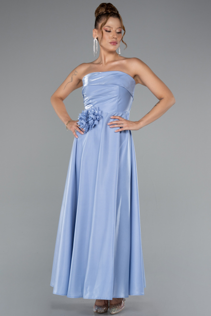 Buz Mavisi Straplez Midi Saten Davet Elbisesi ABK2363