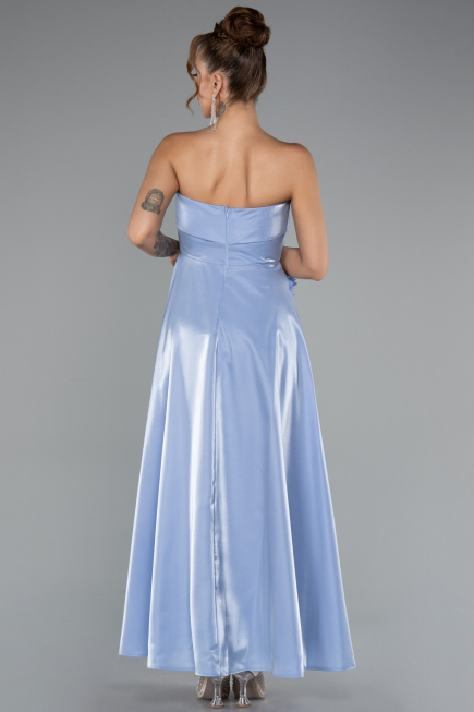 Buz Mavisi Straplez Midi Saten Davet Elbisesi ABK2363