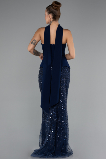 Lacivert Straplez Peplum Detay Taşlı Uzun Balık Abiye ABU5131