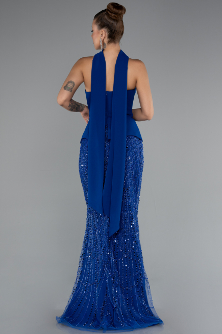 Saks Mavi Straplez Peplum Detay Taşlı Uzun Balık Abiye ABU5131