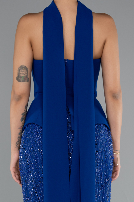 Saks Mavi Straplez Peplum Detay Taşlı Uzun Balık Abiye ABU5131