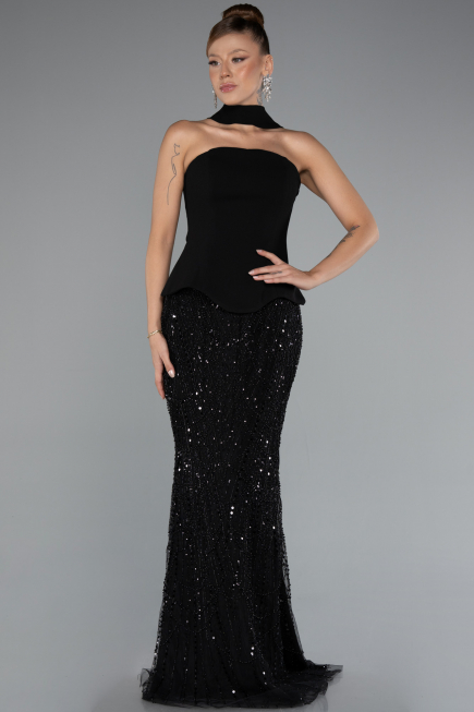 Siyah Straplez Peplum Detay Taşlı Uzun Balık Abiye ABU5131