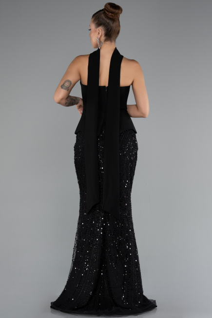 Siyah Straplez Peplum Detay Taşlı Uzun Balık Abiye ABU5131