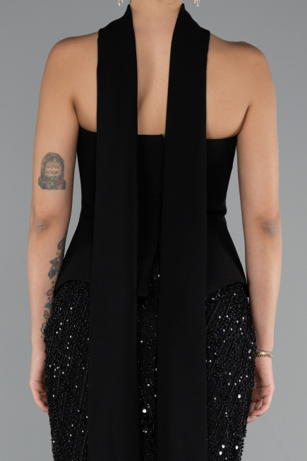 Siyah Straplez Peplum Detay Taşlı Uzun Balık Abiye ABU5131