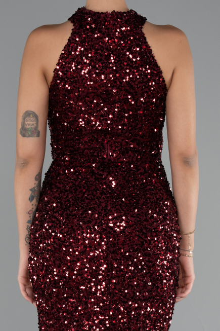 Bordo Halter Yaka Bacak Dekolteli Uzun Pullu Abiye ABU5135