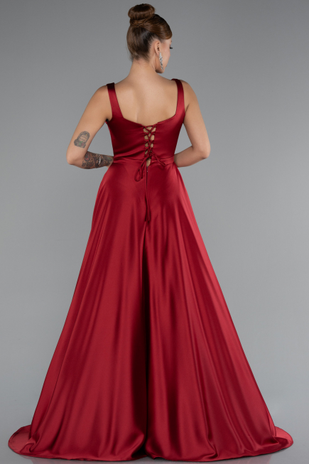 Bordo Kolsuz Uzun Saten Abiye Elbise ABU5136