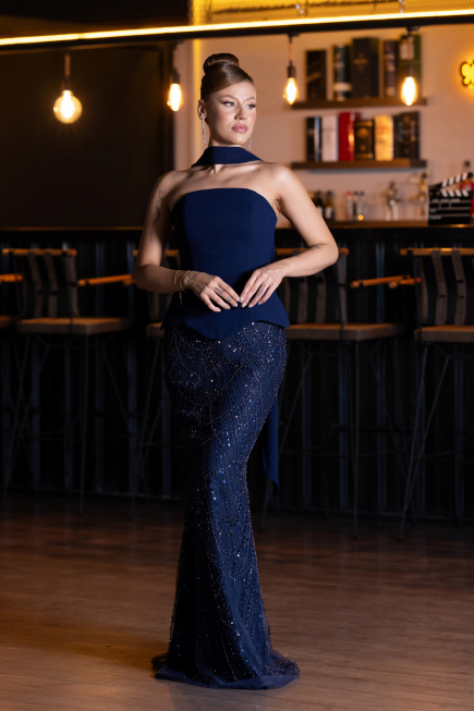 Lacivert Straplez Peplum Detay Taşlı Uzun Balık Abiye ABU5131