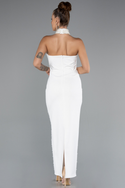Ekru Halter Yaka Boncuklu Midi Davet Elbisesi ABK2399