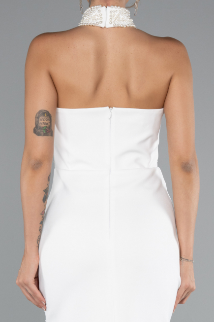 Ekru Halter Yaka Boncuklu Midi Davet Elbisesi ABK2399
