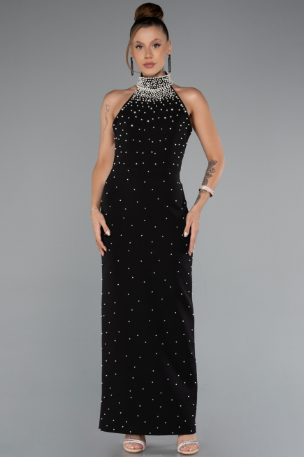 Siyah Halter Yaka Boncuklu Midi Davet Elbisesi ABK2399