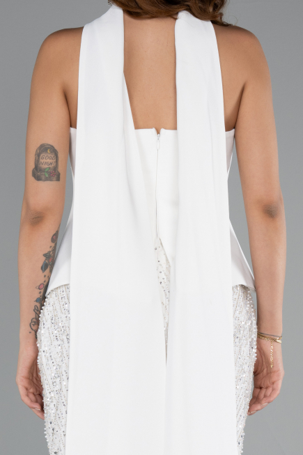 Ekru Straplez Peplum Detay Taşlı Uzun Balık Abiye ABU5131