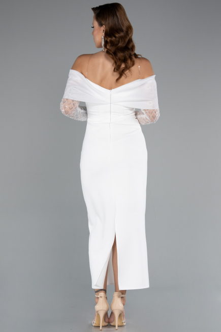 Ekru Boncuklu Uzun Kol Kayık Yaka Midi Abiye Elbise ABK2406