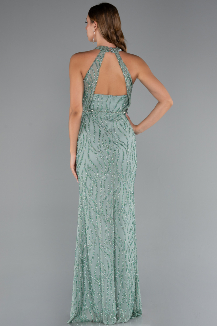 Mint Halter Yaka Bacak Dekolteli Uzun Simli Abiye ABU5213