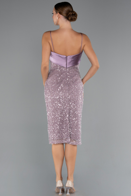 Lila Askılı Midi Pul Payet Gece Elbisesi ABK2429