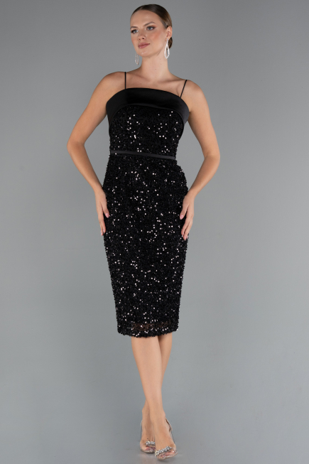 Siyah Askılı Midi Pul Payet Gece Elbisesi ABK2429