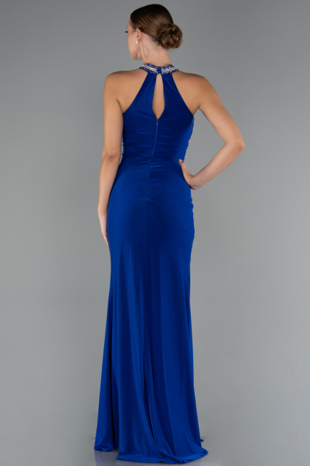 Saks Mavi Halter Yaka Bacak Dekolteli Uzun Abiye Elbise ABU5258