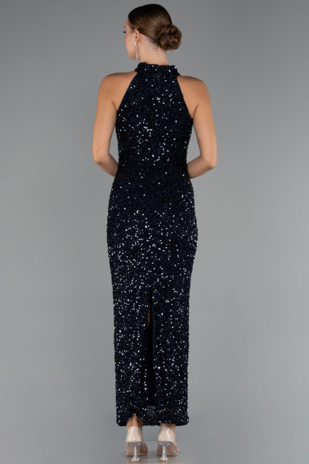 Lacivert Halter Yaka Midi Pul Payet Abiye Elbise ABU5247