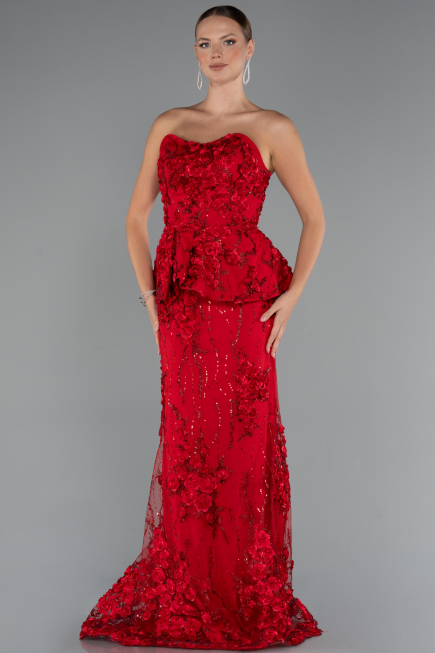 Kırmızı Straplez 3D Çiçek İşlemeli Peplum Uzun Abiye ABU5249
