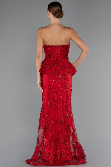 Kırmızı Straplez 3D Çiçek İşlemeli Peplum Uzun Abiye ABU5249