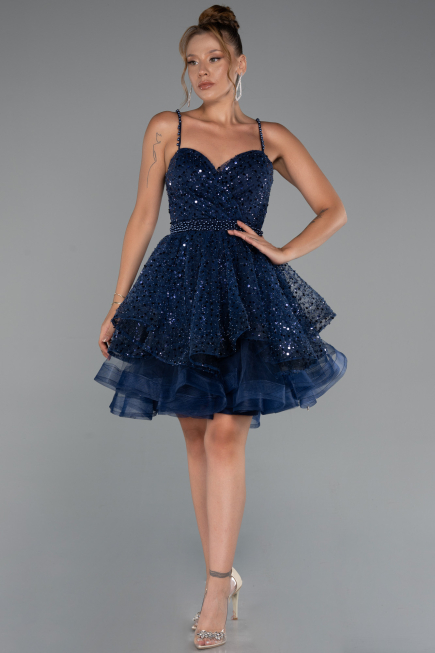Lacivert Askılı Kısa Pullu Abiye Elbise ABK2435