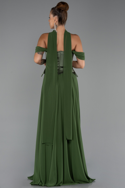 Yeşil Kayık Yaka Saten Peplum Kesim Uzun Şifon Abiye ABU5327