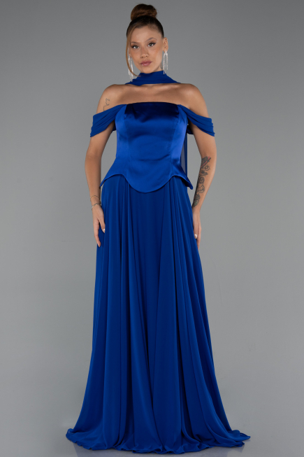 Saks Mavi Kayık Yaka Saten Peplum Kesim Uzun Şifon Abiye ABU5327