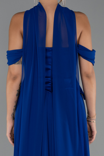 Saks Mavi Kayık Yaka Saten Peplum Kesim Uzun Şifon Abiye ABU5327