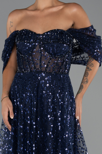 Lacivert Kayık Yaka Saten Peplum Kesim Uzun Şifon Abiye ABU5226