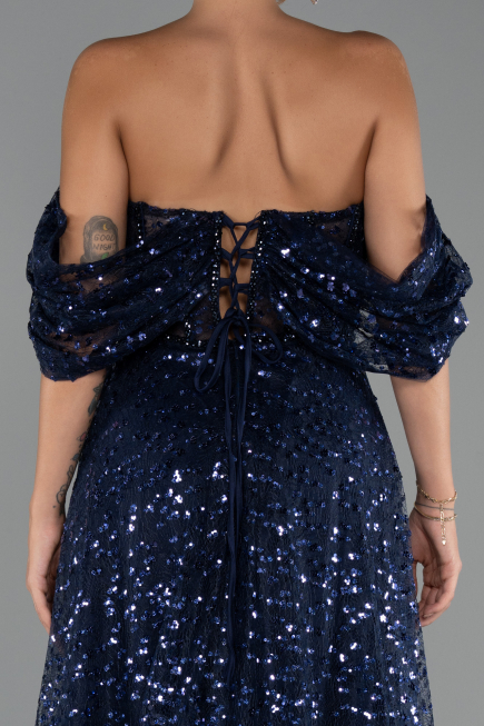 Lacivert Kayık Yaka Saten Peplum Kesim Uzun Şifon Abiye ABU5226