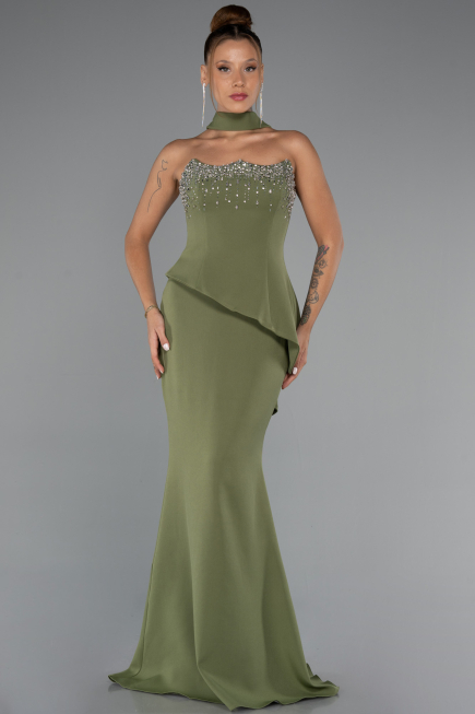 Haki Taşlı Straplez Yaka Peplum Kesim Uzun Abiye ABU5329