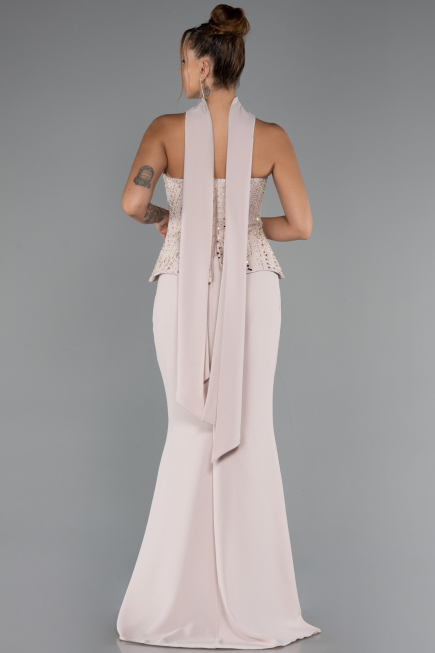 Bej Pullu Straplez Peplum Kesim Uzun Balık Abiye Elbise ABU5320