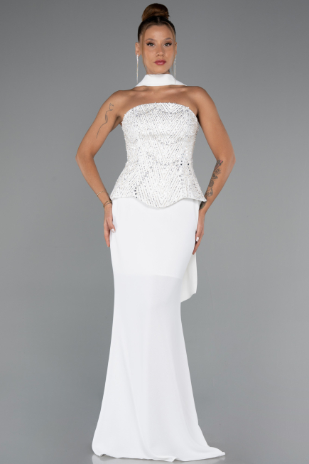 Ekru Pullu Straplez Peplum Kesim Uzun Balık Abiye Elbise ABU5320