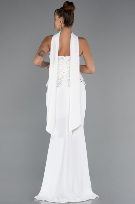 Ekru Pullu Straplez Peplum Kesim Uzun Balık Abiye Elbise ABU5320