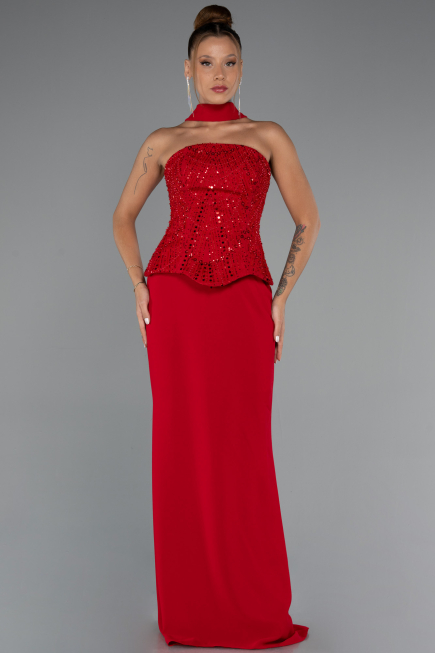 Kırmızı Pullu Straplez Peplum Kesim Uzun Abiye Elbise ABU5320