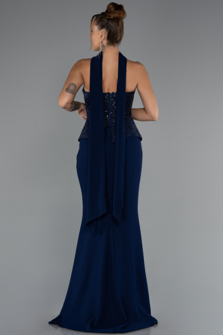 Lacivert Pullu Straplez Peplum Kesim Uzun Abiye Elbise ABU5320