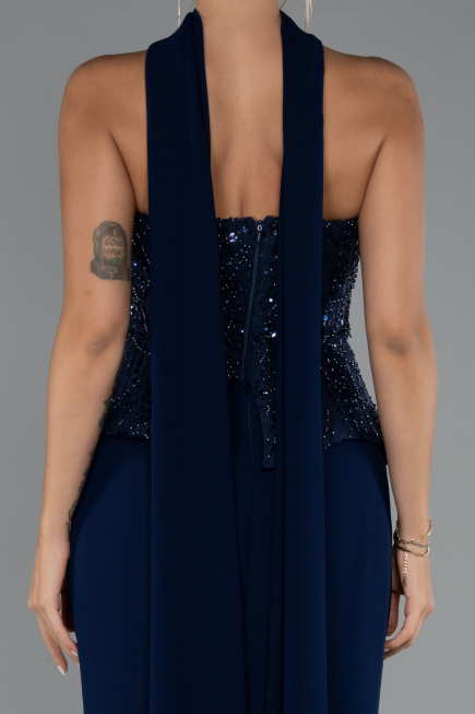 Lacivert Pullu Straplez Peplum Kesim Uzun Abiye Elbise ABU5320