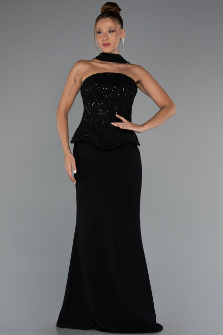 Siyah Pullu Straplez Peplum Kesim Uzun Abiye Elbise ABU5320