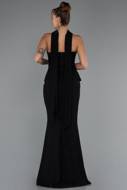 Siyah Pullu Straplez Peplum Kesim Uzun Abiye Elbise ABU5320