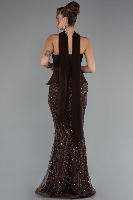 Kahve Straplez Peplum Detay Taşlı Uzun Balık Abiye ABU5131