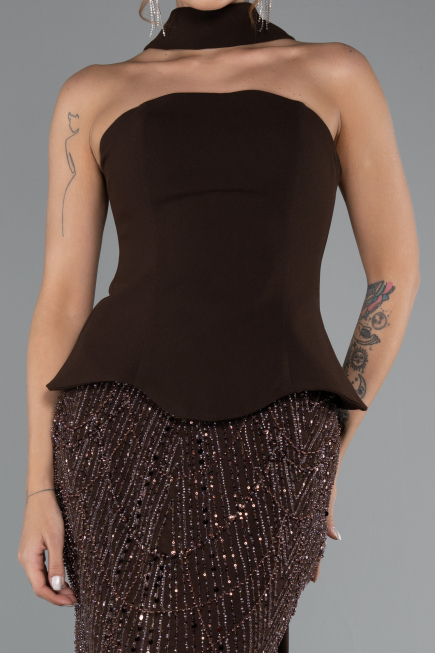 Kahve Straplez Peplum Detay Taşlı Uzun Balık Abiye ABU5131
