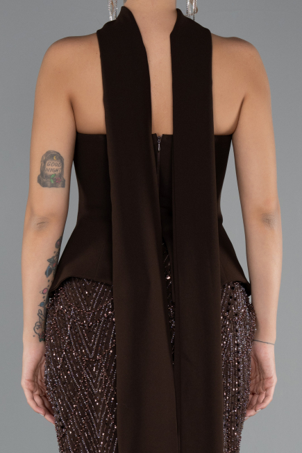Kahve Straplez Peplum Detay Taşlı Uzun Balık Abiye ABU5131