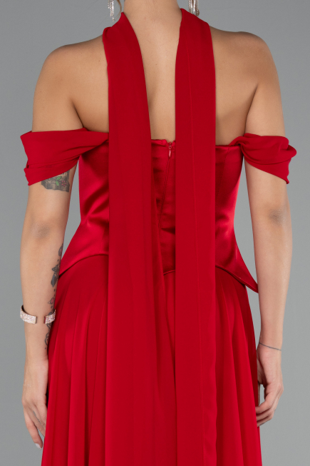 Kırmızı Kayık Yaka Saten Peplum Kesim Uzun Şifon Abiye ABU5327
