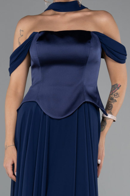 Lacivert Kayık Yaka Saten Peplum Kesim Uzun Şifon Abiye ABU5327