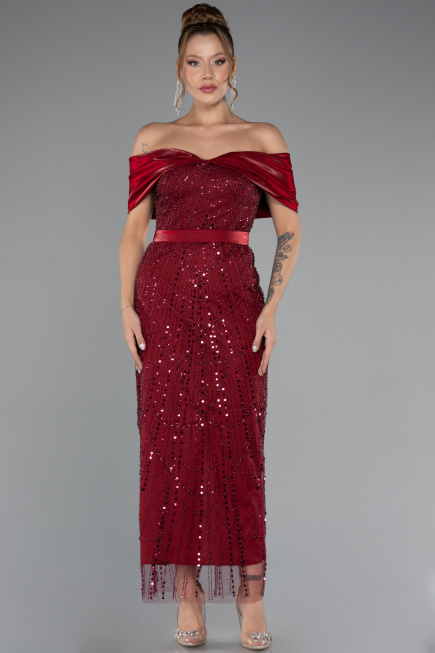 Bordo Saten Kayık Yaka Midi Boncuklu Abiye Elbise ABK2453