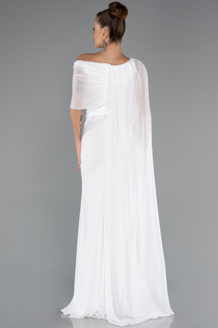 Ekru Pelerinli Tek Omuz Uzun Şifon Abiye Elbise ABU5418